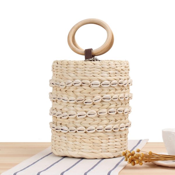 Women's Fashion Casual Natural Shell Bucket Woven Bag - Image 3