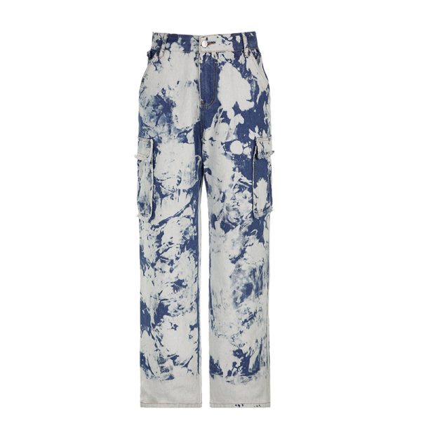 Washed Tie-dye Pocket Stitching High Waist Straight Jeans - Image 6