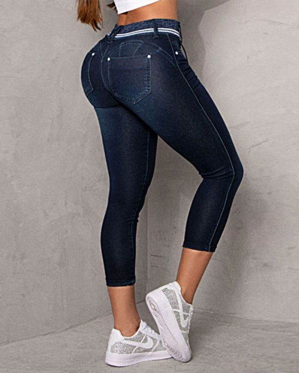Striped Stitching Drawstring Tight Hip Raise Skinny Denim Ankle-length Pants - Image 3