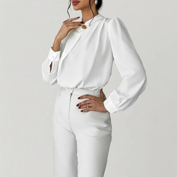 Women's Elegant And Simple Commuting Metal Buckle Long Sleeved Solid Color Design Shirt - Image 4