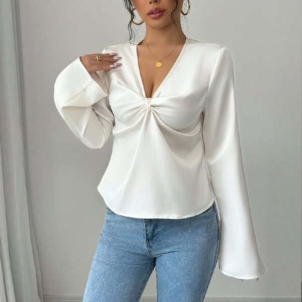 Women's Elegant Solid Color V-neck Ruffled Front Flared Sleeve Shirt - Image 3