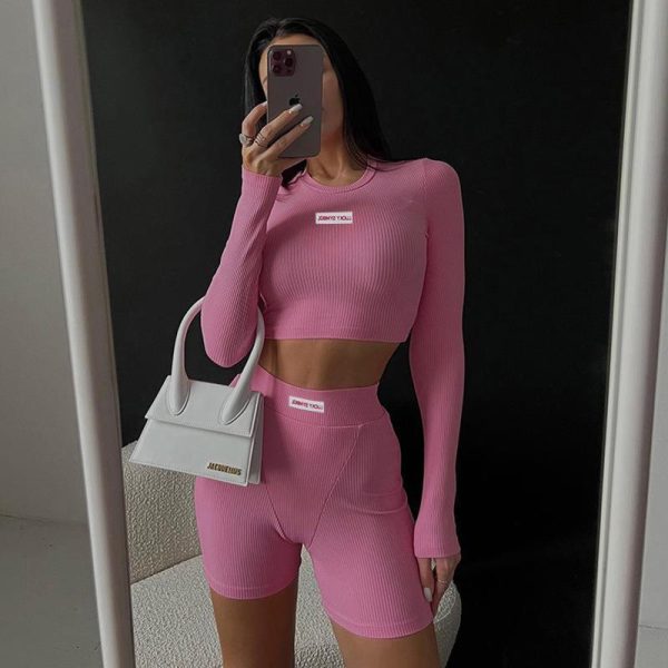 Knitted Long Sleeve Printed Top High Waist Shorts Suit - Image 3