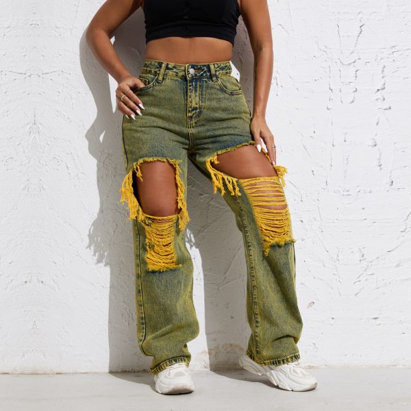 Shascullfites Melody Yellow Wash Streetwear Split Loose Straight Jeans Y2K Ripped Retro Women Denim Pants - Image 7