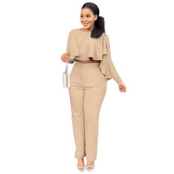 Solid Color Hollow-out Long Sleeve High Waist Wide Leg Pants Two-piece Set - Image 9