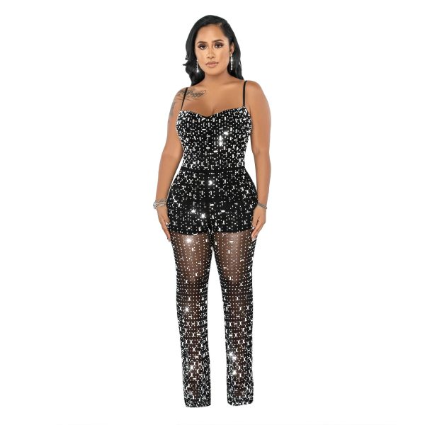 Women's Wear Rhinestone Mesh Camisole Sleeveless Trousers Jumpsuit - Image 5