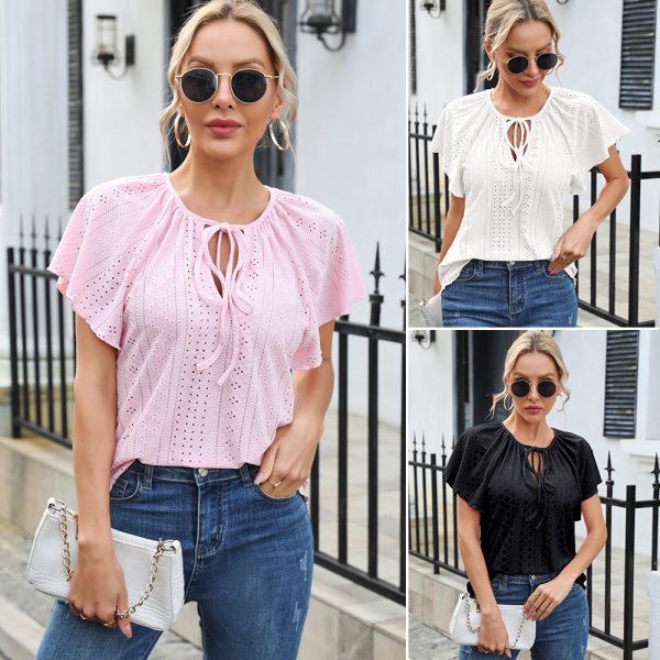 Hollow Jacquard Ruffled Raglan Sleeve Lace-up Short Sleeve Top