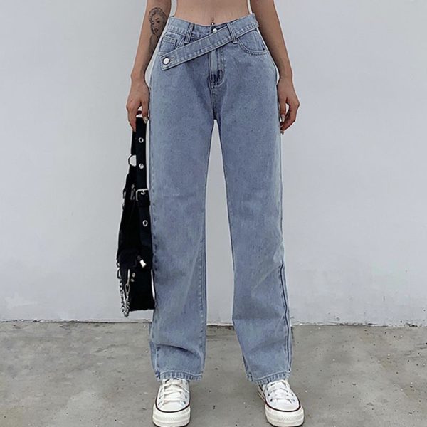 Irregular belt fashion high waist slim jeans
