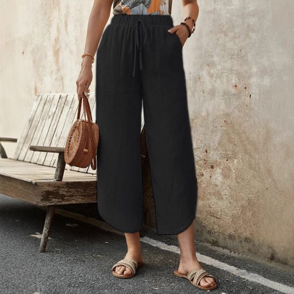 Cotton And Linen Drawstring Cropped Loose Pockets Casual Pants - Image 3