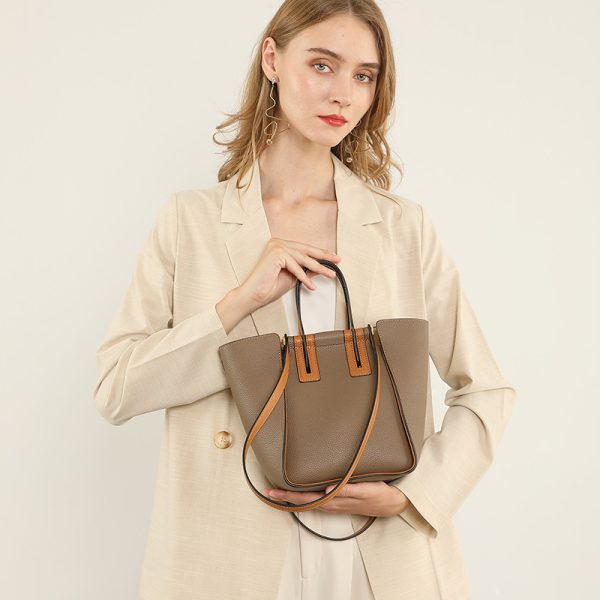 Color Block Leather All Match Commute Handbag - Image 2