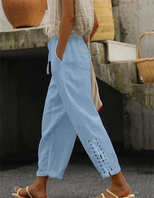 Women Casual Lightweight Drawstring Elastic Waist Pants With Pockets - Image 2