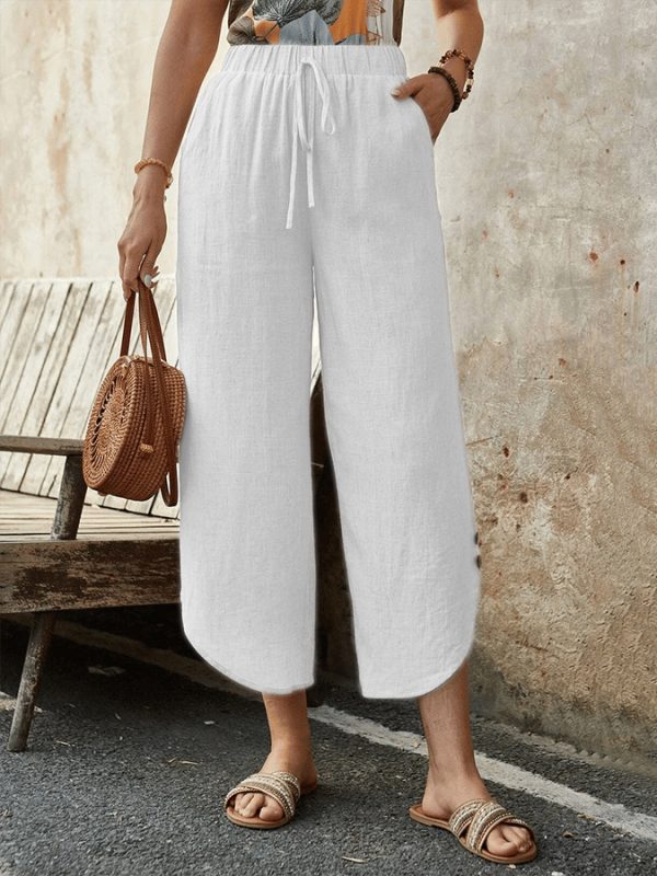 Cotton And Linen Drawstring Cropped Loose Pockets Casual Pants - Image 7