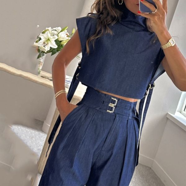 Casual Belt Decorative Turtleneck Short Sleeve And Long Pattern Suit - Image 4