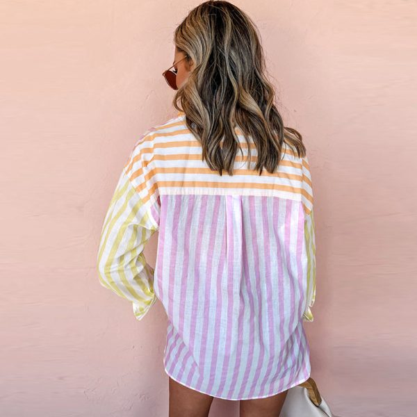 Single Row Multi-buckle Shirt Contrast Color Long Sleeves Top - Image 3