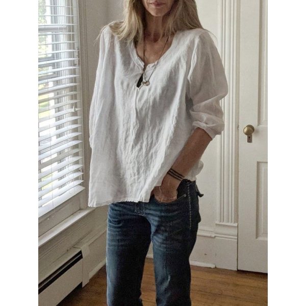 Women's Fashion Cotton Linen Loose-fitting V-neck Long Sleeves T-shirt - Image 4