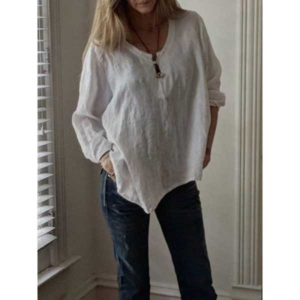 Women's Fashion Cotton Linen Loose-fitting V-neck Long Sleeves T-shirt - Image 2