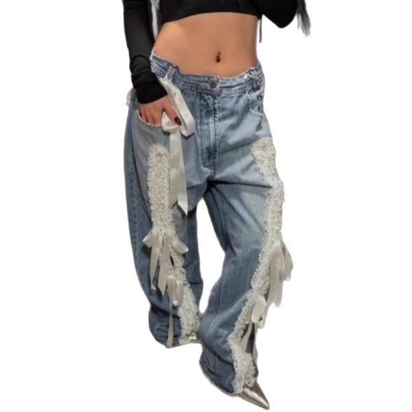 Women's American-style Retro Lace Lace-up Stitching Jeans - Image 5