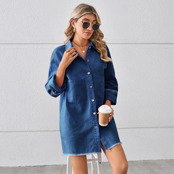Washed Raw Edge Denim Dress Stitching Long-sleeved Cardigan - Image 3