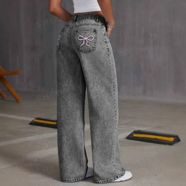 Vintage Bow Embroidered Washed Jeans For Women Straight Loose Trousers - Image 6