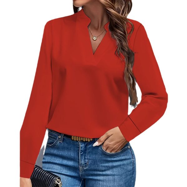 Simple Casual Solid Color And V-neck Loose Shirt Women's Top - Image 5