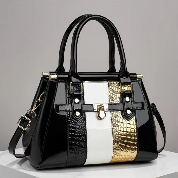 Vertical Stitching Bright Leather Lizard Pattern Large Capacity Shoulder Bag - Image 2