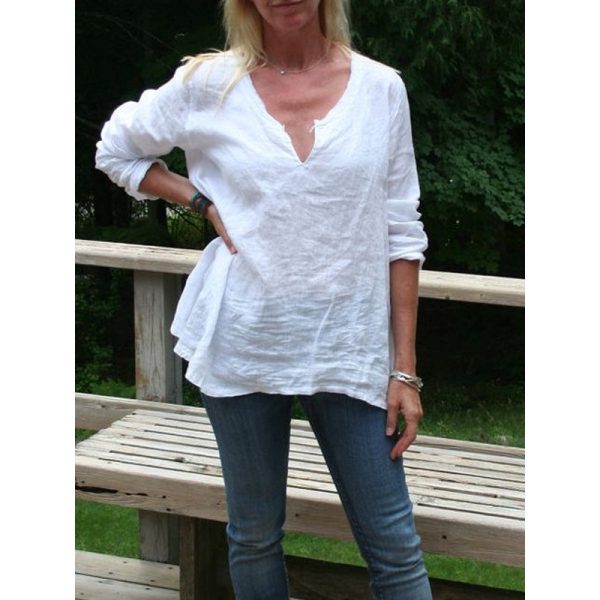 Women's Fashion Cotton Linen Loose-fitting V-neck Long Sleeves T-shirt - Image 3