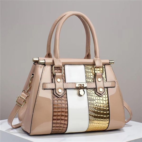 Vertical Stitching Bright Leather Lizard Pattern Large Capacity Shoulder Bag - Image 4