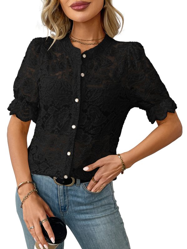 European And American Summer Lace Short Sleeve Casual Button Shirt - Image 5