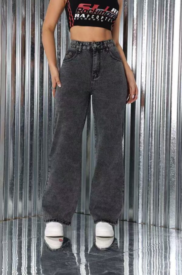 Embroidered Jeans High Waist Straight Loose Casual Trousers Women - Image 4