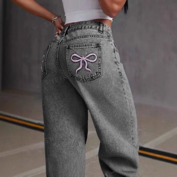 Vintage Bow Embroidered Washed Jeans For Women Straight Loose Trousers - Image 3