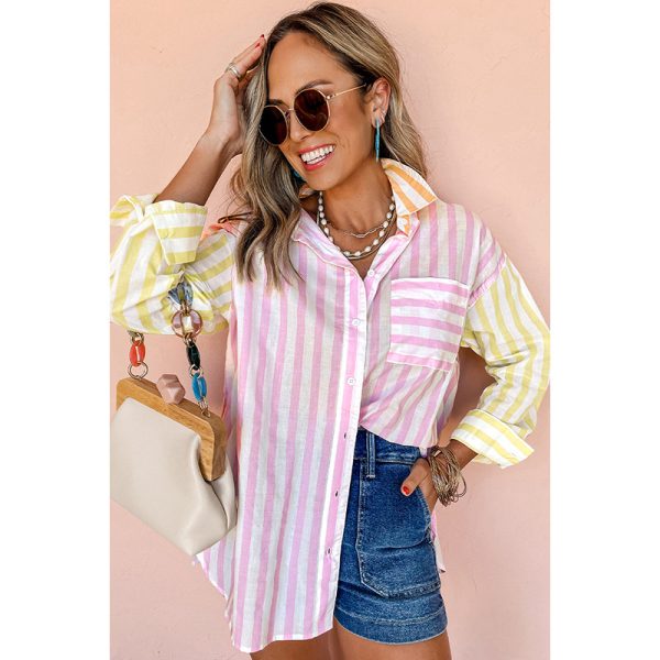 Single Row Multi-buckle Shirt Contrast Color Long Sleeves Top - Image 2