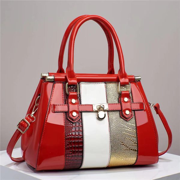 Vertical Stitching Bright Leather Lizard Pattern Large Capacity Shoulder Bag - Image 3