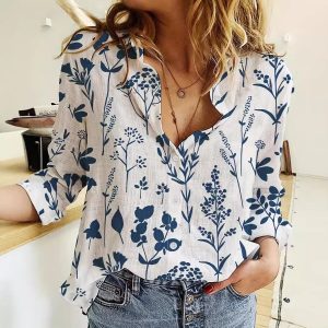 Women's 3D Digital Printing Lapel Collar Long-sleeved Shirt