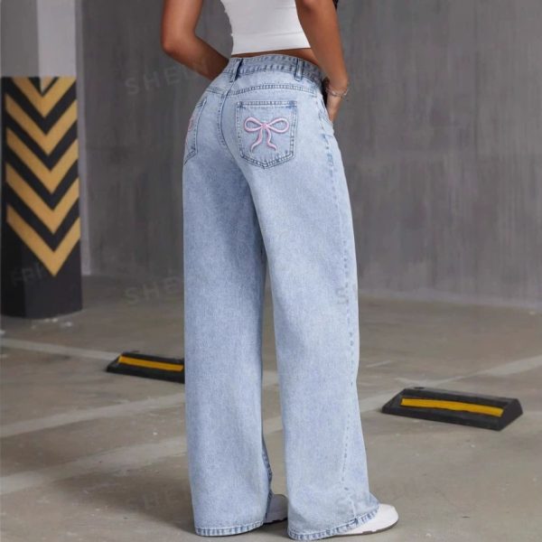 Vintage Bow Embroidered Washed Jeans For Women Straight Loose Trousers - Image 7