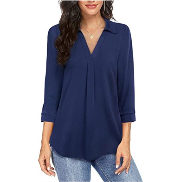 Ladies' Solid Color V-neck Seven Quarter Sleeved Shirt Top With Elegant Chiffon Stitching - Image 4