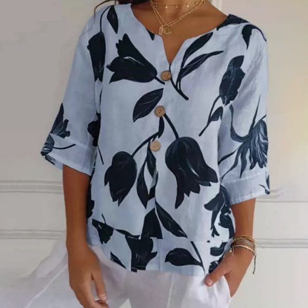 Women's Printed Cotton And Linen V-neck Seven Part Sleeve Top Shirt Casual Shirt - Image 5