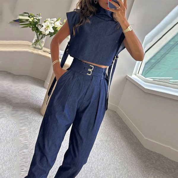 Casual Belt Decorative Turtleneck Short Sleeve And Long Pattern Suit - Image 6