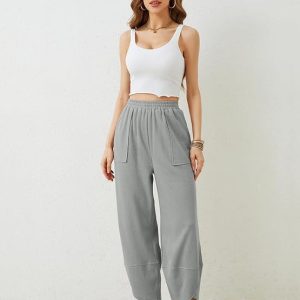Womens Baggy Wide Leg Pants Casual Elastic Waisted Palazzo Harem Pants With Pockets