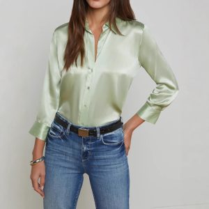 Satin Rayon Shirt Women's Solid Color Top Elegant Lapel