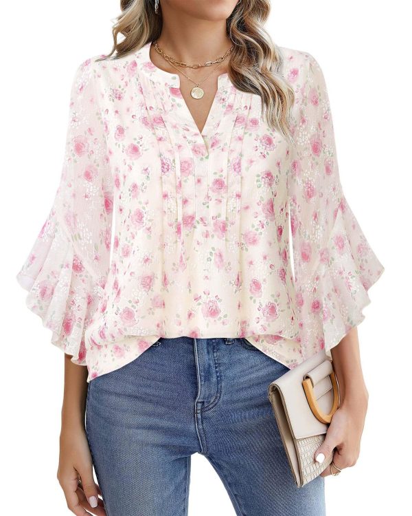 Women's Three-quarters Sleeve Tops Dressy Casual Business Work Blouses Chiffon Office Shirts - Image 7