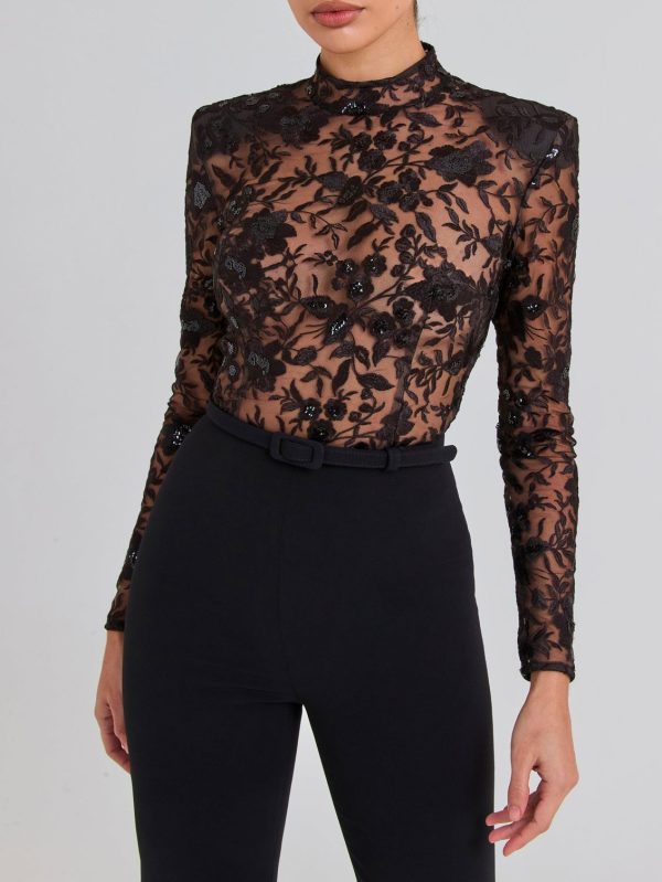 Black See-through Lace Long-sleeved Trousers Jumpsuit - Image 6