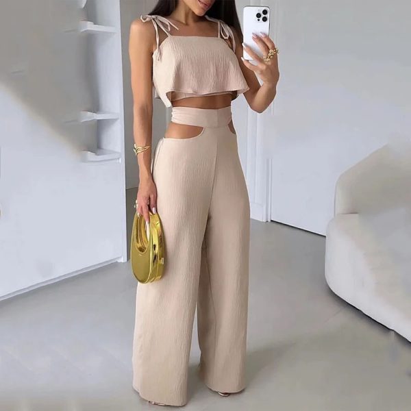 Cross-border Solid Color Sling Top Casual Hollow-out Trousers Suit - Image 4