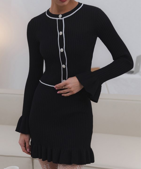Ruffled Pearl Buckle Suit Knitted Mini Dress Two-piece Set For Women - Image 8