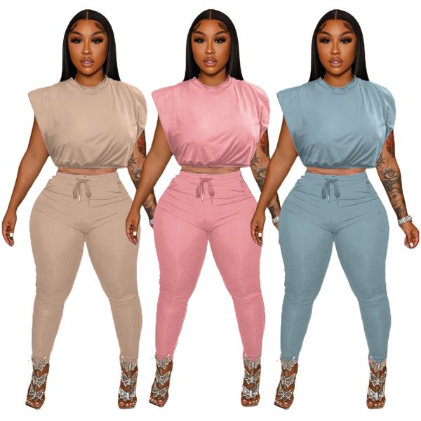 Pure Color Tight Sleeveless Padded Shoulder T-shirt String Pocket Two-piece Set - Image 7
