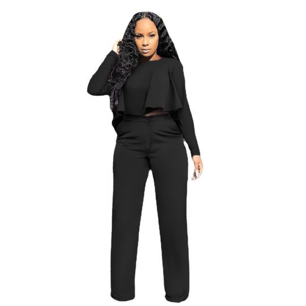 Solid Color Hollow-out Long Sleeve High Waist Wide Leg Pants Two-piece Set - Image 7