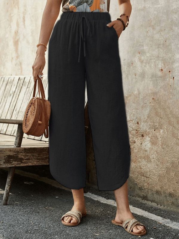 Cotton And Linen Drawstring Cropped Loose Pockets Casual Pants - Image 6