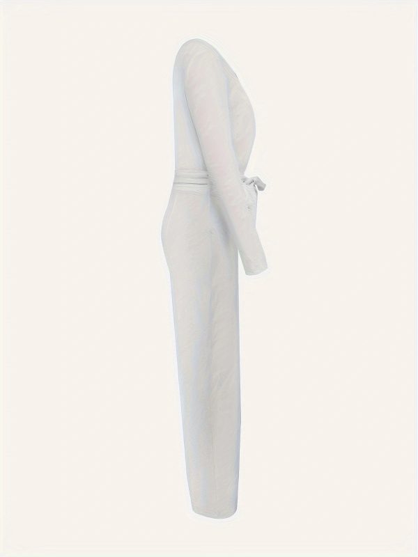 Women's Solid Color Long Sleeved V-neck Bow Tie Design Slimming And Fashionable Jumpsuit - Image 3