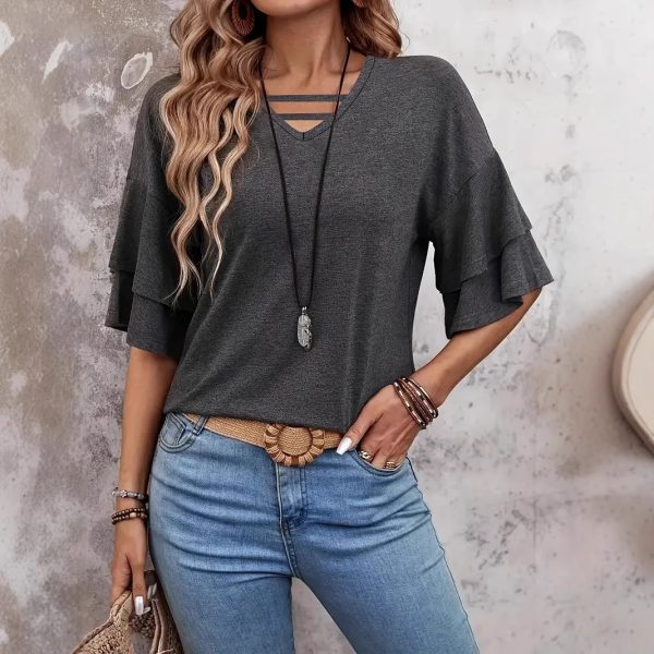 Women's V-neck Flounce Fashion T-shirt - Image 4