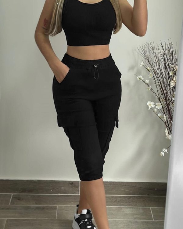 Women's Casual Multi-pocket Solid Color Cropped Pants - Image 5