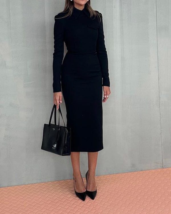 Autumn New Polo Collar Long Sleeve Slim Fit Sheath Dress - Image 3