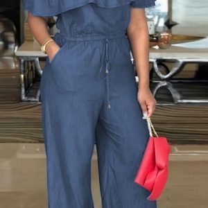 Solid Off Shoulder Tie Waist Jumpsuit Elegant Ruffle Trim Wide Leg Jumpsuit Women's Clothing